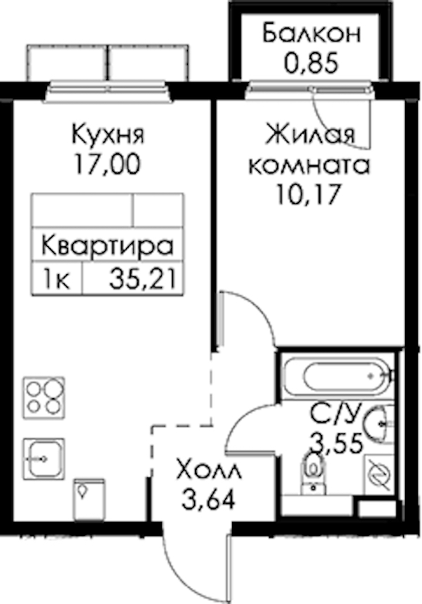 1-комнатная квартира 35.21 м², 7/15 эт., ЖК «Янинский лес»